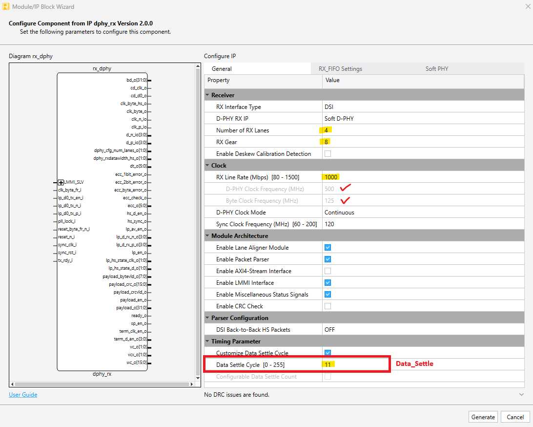 RX D-PHY Parameters in Radiant
